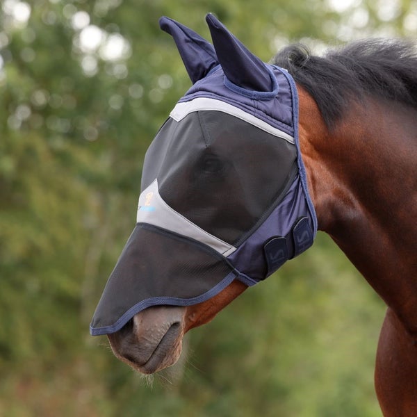 Shires FlyGuard Pro Fine Mesh &ouml;t&ouml;kk&auml;huppu korvilla ja turpaosalla, navy